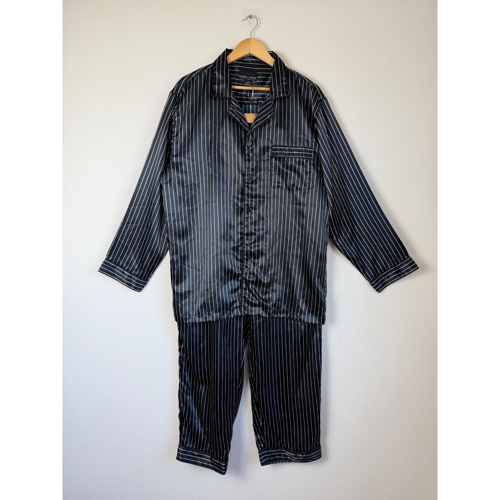 Robert Louis Men Silk Blend Pajama Set L Black Pinstripe Satin Luxury Lounge 2pc